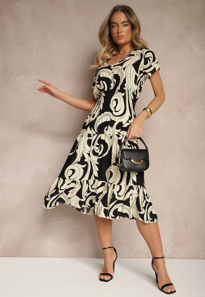 Czarna Bawełniana Sukienka z Abstrakcyjnym Motywem i Guzikami Talivea