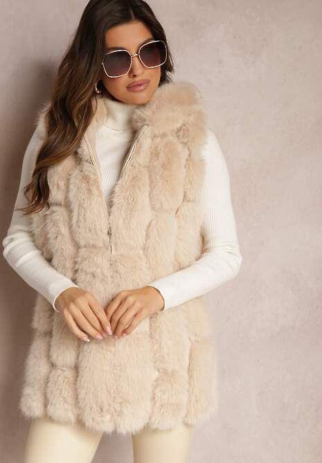 Beżowa Futrzana Kamizelka z Kapturem Konessa