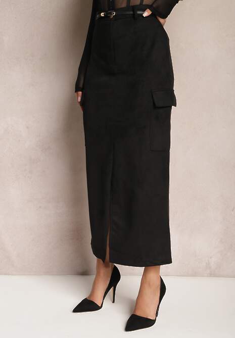 Czarna Maxi Spódnica z Dzianiny z Ozdobnym Rozcięciem i Kieszeniami Arirpe