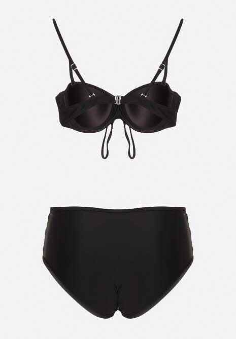 Czarne Bikini Biustonosz i Majtki Figi High Waist z Siateczkowymi Zdobieniami Kinovia