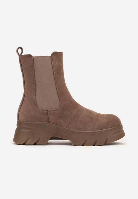 Ciemnobeżowe Botki Sztyblety na Platformie z Elastyczną Cholewką Mavita