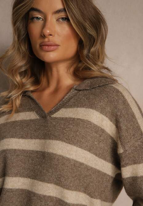 Beżowy Sweter z Wełną Zdobiony Kołnierzykiem i Wzorem w Paski Tevila