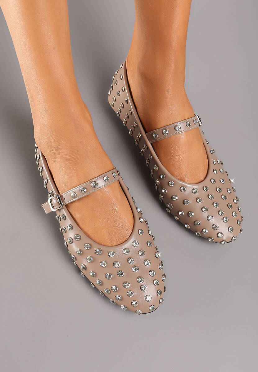 Ciemnobeżowe Cyrkoniowe Balerinki na Płaskiej Podeszwie z Ozdobnym Paskiem Bararia