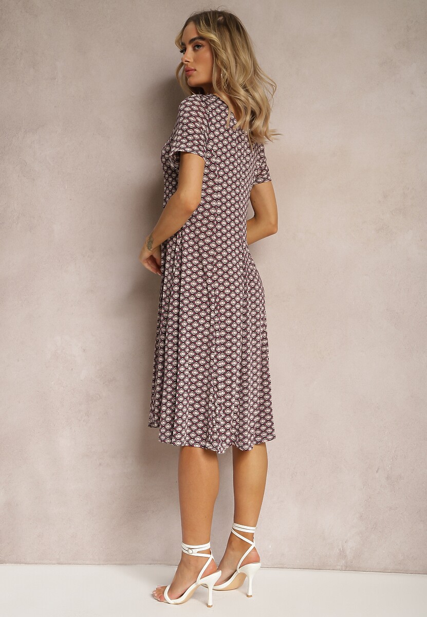 Bordowo-Beżowa Wiskozowa Sukienka o Rozkloszowanym Fasonie Ibelia
