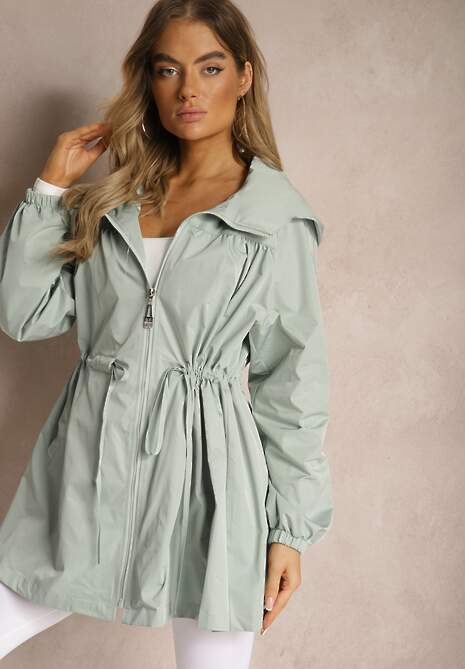 Jasnozielona Kurtka w Stylu Parki Wiązana w Pasie Nevithia