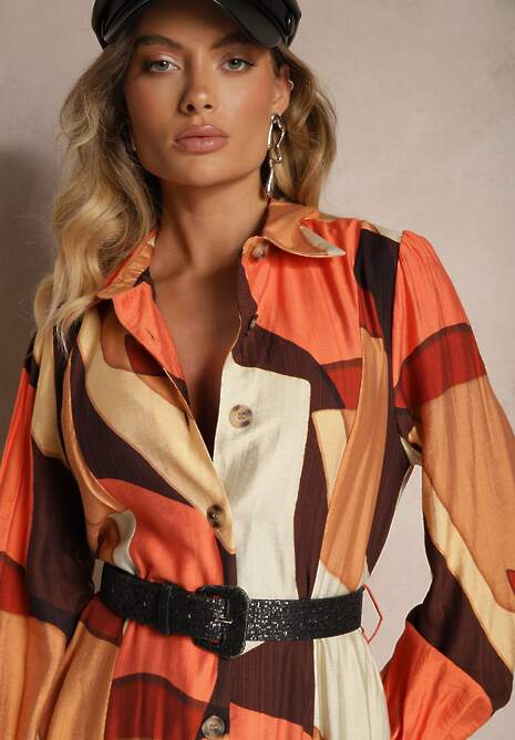 Jasnobrązowa Koszulowa Sukienka z Wiskozą Zdobiona Geometrycznym Wzorem z Paskiem w Talii Tifiel