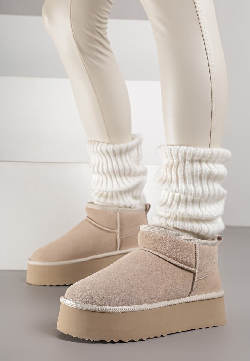 Beżowe Wsuwane Śniegowce z Zamszu Naturalnego na Grubej Podeszwie Mevilira