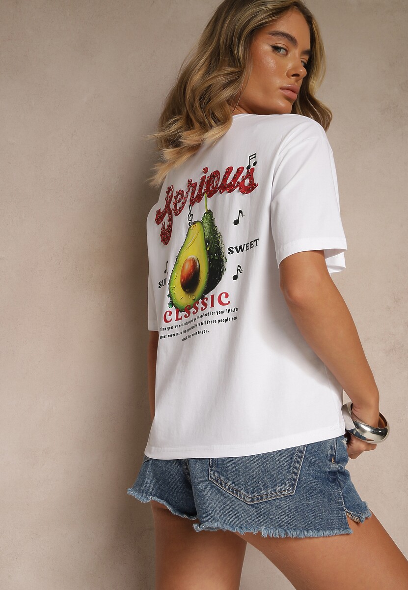 Biały T-shirt z Bawełną ze Wzorem Awokado Tilannia