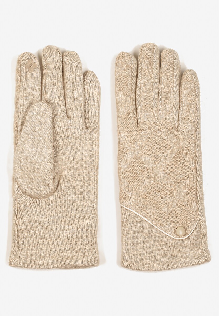 Beżowe Dzianinowe Rękawiczki Eleganckie z Ozdobnym Guzikiem Senindra