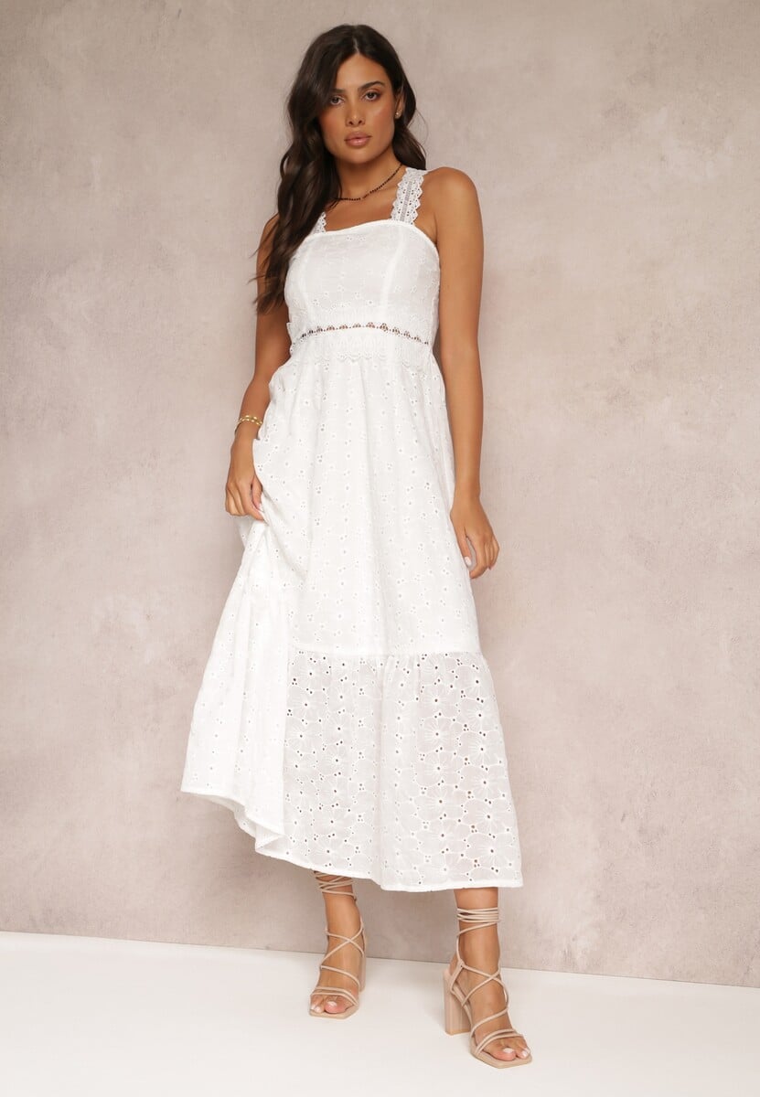 Biała Haftowana Sukienka Maxi z Koronką Norgann
