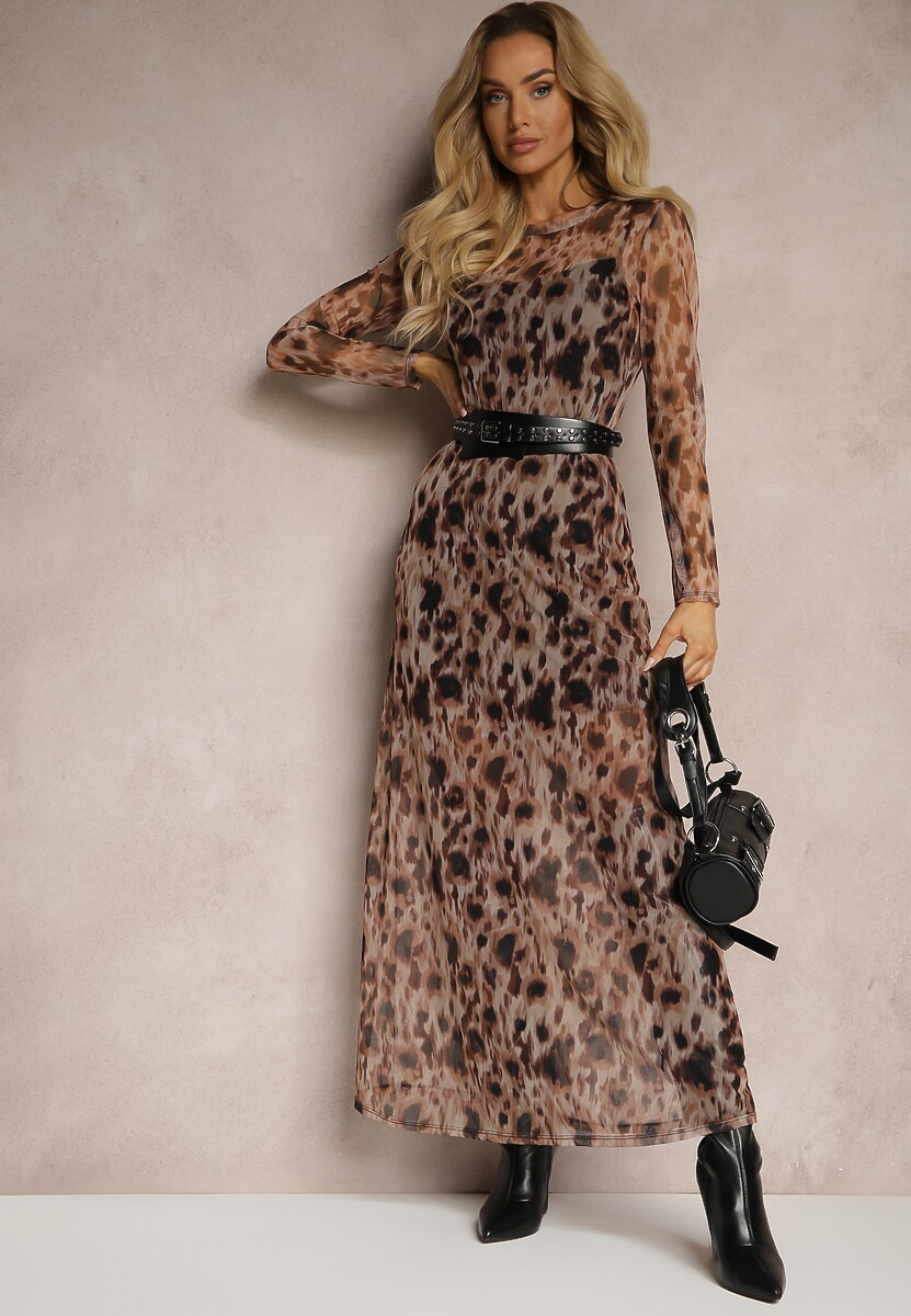 Czarno-Beżowa Siateczkowa Sukienka w Panterkowy Wzór z Dołączoną Halką Delithwen