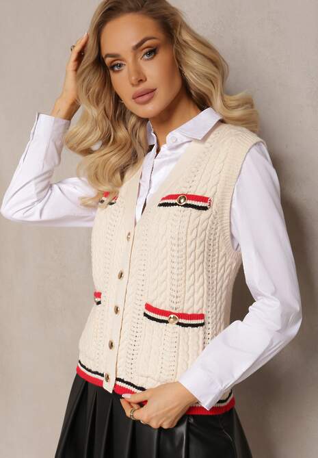 Beżowa Kamizelka z Grubo Plecionej Dzianiny Zapinana na Guziki Meliania