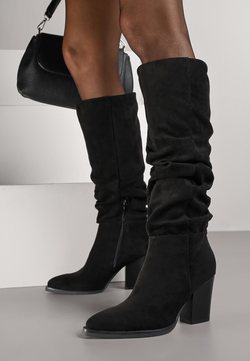 Czarne Ekozamszowe Kozaki na Słupkowym Obcasie z Ozdobnie Marszczoną Cholewką Reaelora