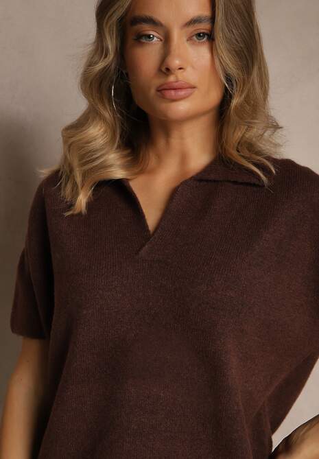 Brązowy Sweter z Wełną z Krótkim Rękawem i Dekoltem V z Kołnierzem Tevirna