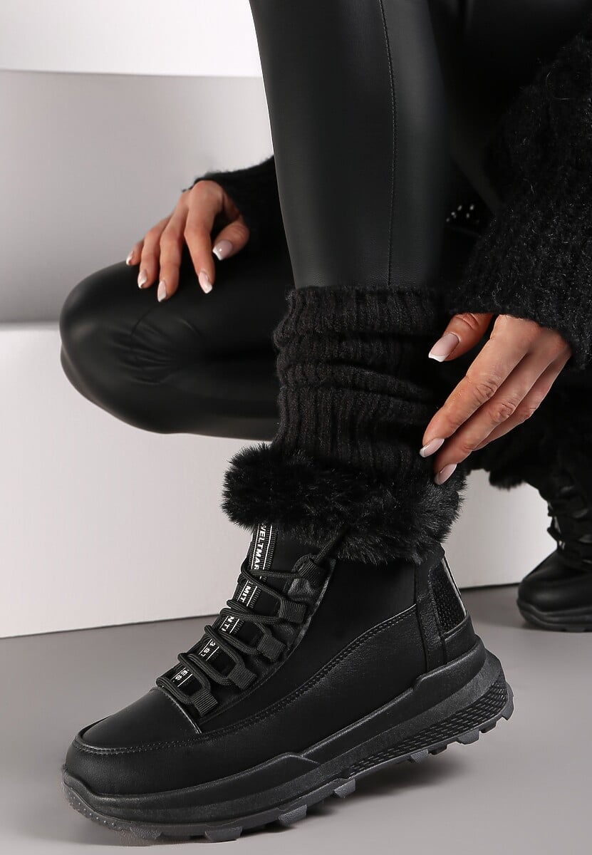 Czarne Traperki Sportowe z Futerkiem Sanevi