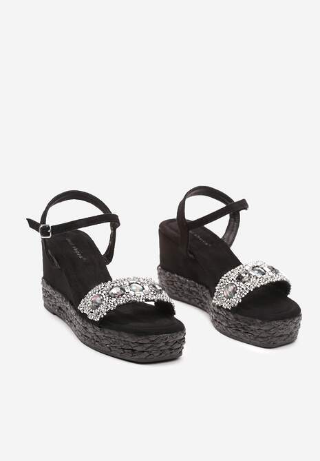 Czarne Sandały z Ekozamszu na Plecionym Koturnie Ozdobione Kamieniami i Cyrkoniami Riolette