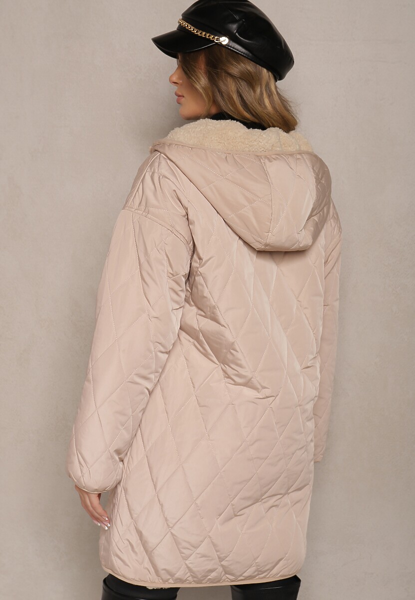 Beżowa Pikowana Kurtka Dwustronna z Futrem i Kapturem Emalira