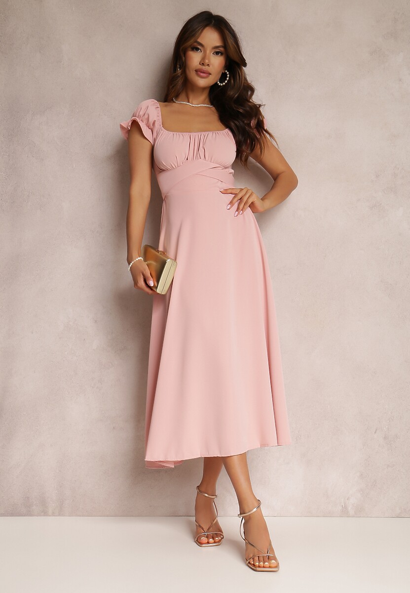 Różowa Sukienka o Rozkloszowanym Kroju z Wiązaniem Perolis