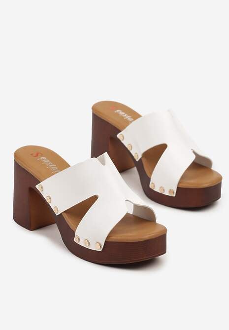 Białe Klapki Typu Drewniaki na Słupkowym Obcasie Fevalline
