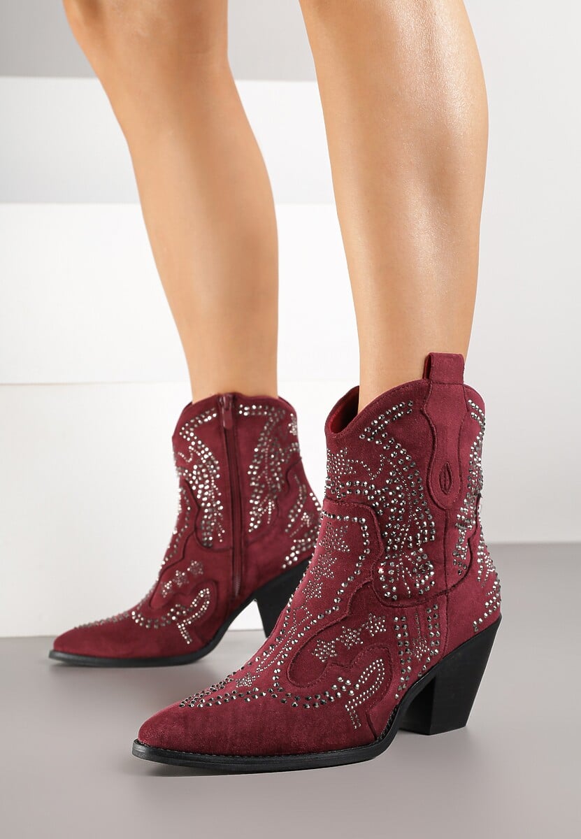 Bordowe Kowbojki Botki Ozdobione Cyrkoniami na Stożkowym Słupku Tulmira