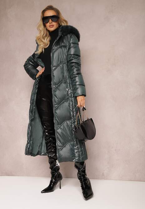 Ciemnozielona Kurtka Płaszcz z Ozdobnym Pikowaniem z Kapturem z Futerkiem i Marszczeniami Larian