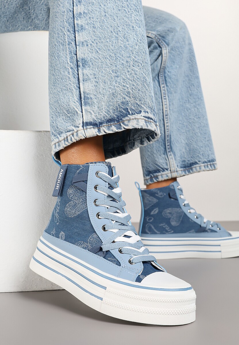 Niebieskie Trampki Jeansowe z Serduszkami na Platformie Benirea