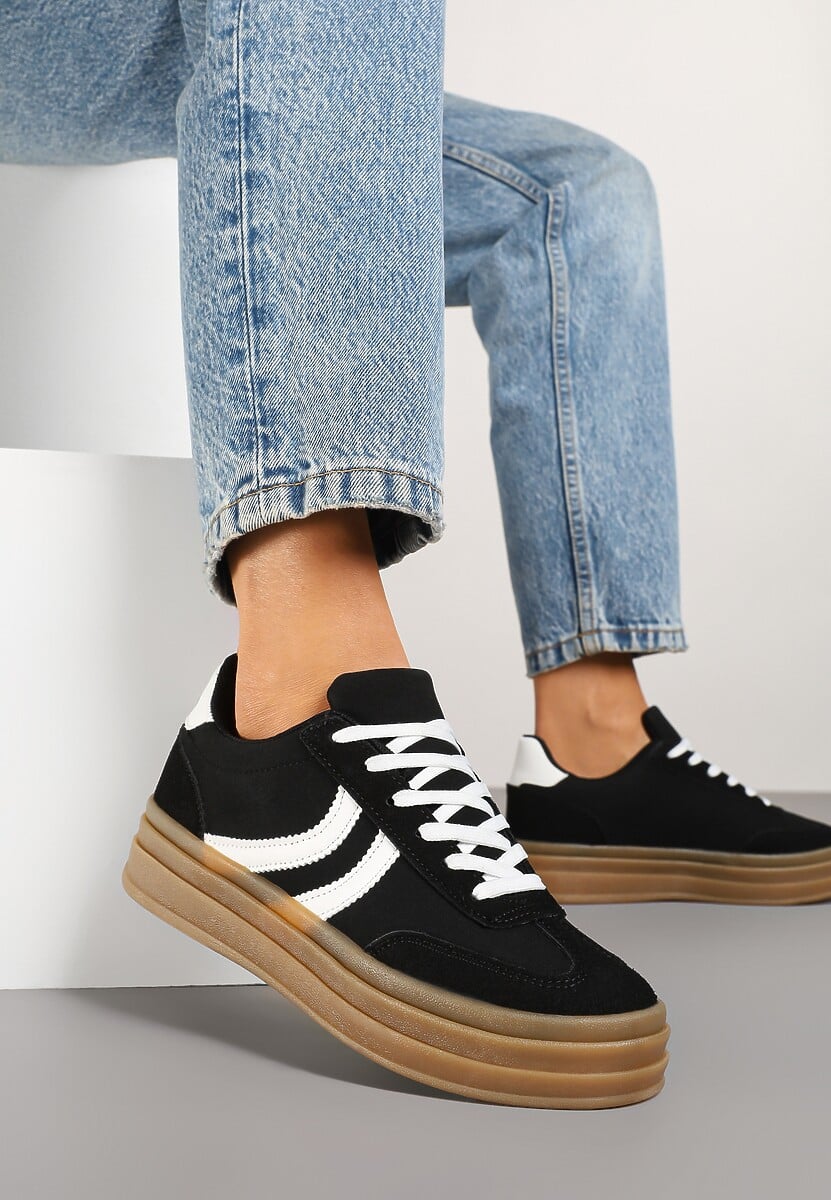 Czarne Sneakersy Typu Kultowe Tenisówki na Grubej Podeszwie z Tłoczeniem Lisanitea