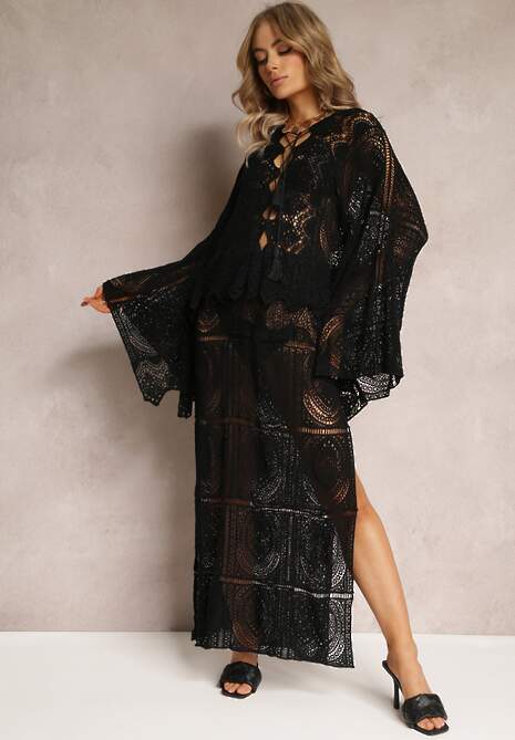 Czarna Szydełkowa Sukienka Maxi z Wycięciami i Wiązaniem Upenna