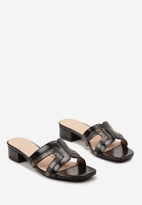 Czarne Klapki z Ekoskóry na Słupku z Cyrkoniami z Przodu Leavira