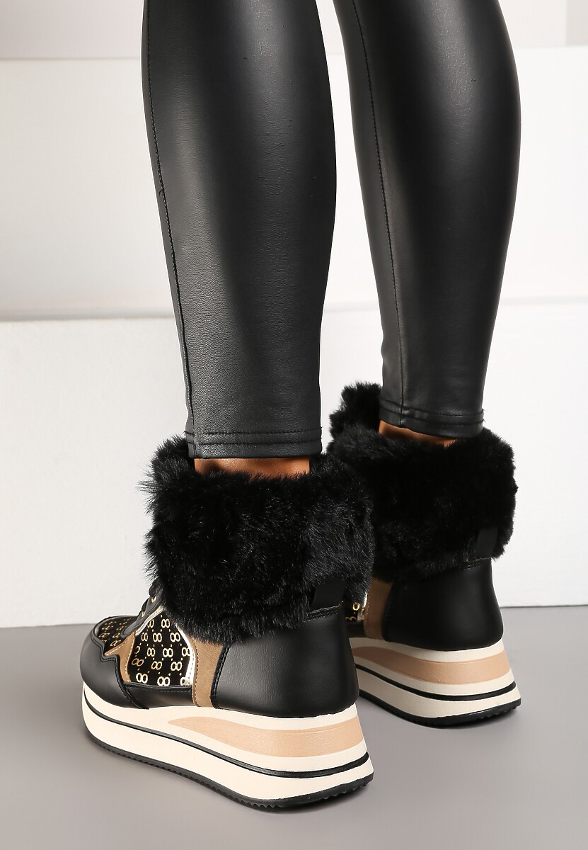 Czarne Sneakersy na Platformie z Metalicznymi Wstawkami i Futerkiem Miavora