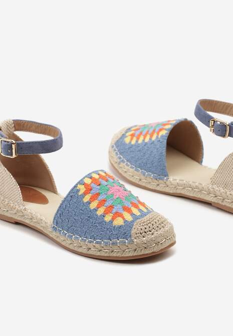 Niebieskie Espadryle na Płaskiej Podeszwie Zapinane na Sprzączkę z Plecioną Podeszwą Laveda