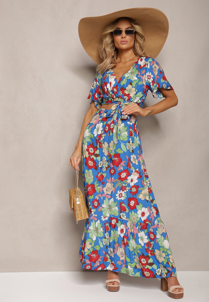 Niebieski Wiskozowy Komplet w Kwiatowy Print Spódnica i Bluzka z Kopertowym Dekoltem Ollecurne