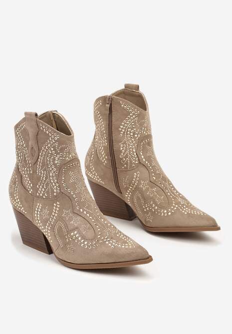 Ciemnobeżowe Kowbojki Botki z Cyrkoniami na Stożkowym Słupku Mevaela