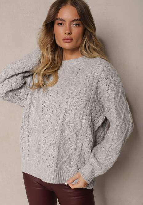 Szary Pudełkowy Sweter z Wełną i Wiskozą o Tłoczonym Splocie Vaithra