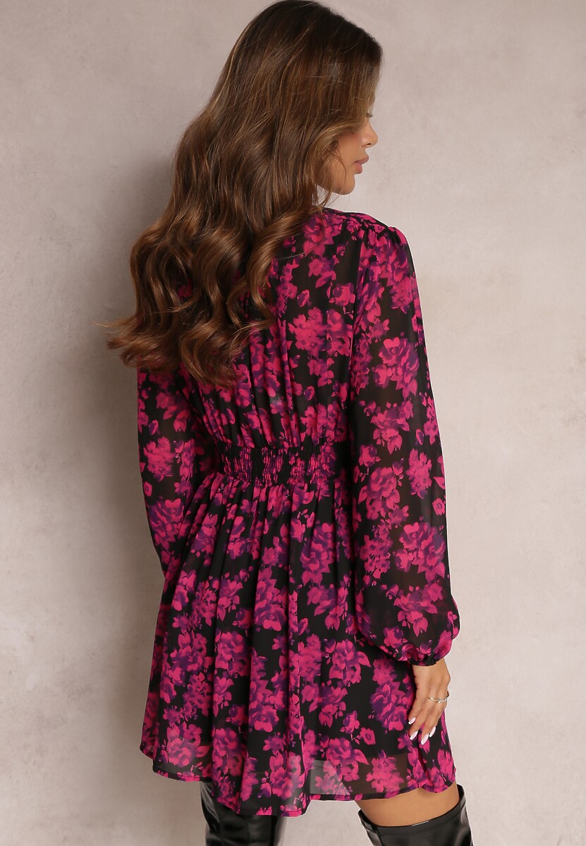 Różowa Rozkloszowana Sukienka w Kwiaty z Gumką w Pasie Jonerda