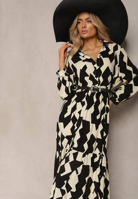 Beżowo-Czarna Koszulowa Sukienka Maxi w Geometryczny Wzór Qerida