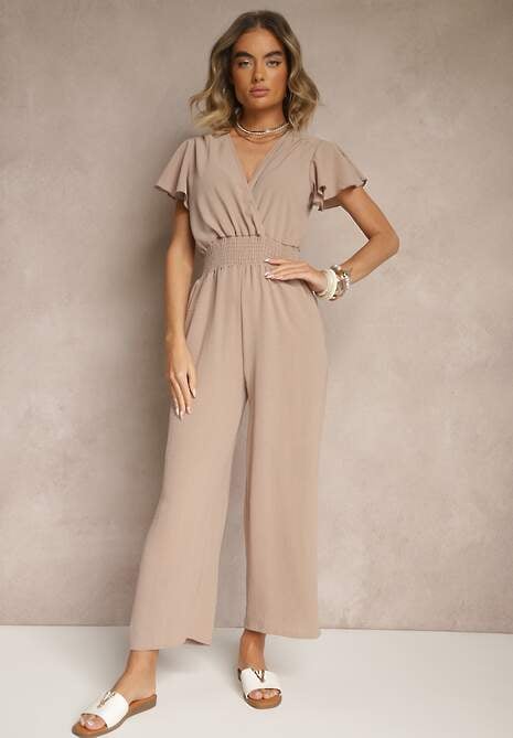 Beżowy Kombinezon o Kopertowym Kroju z Gumką w Talii Martalia