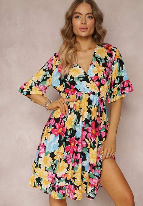 Czarno-Żółta Rozkloszowana Sukienka Mini z Kopertową Górą i Gumką w Talii z Wiskozy Elidi