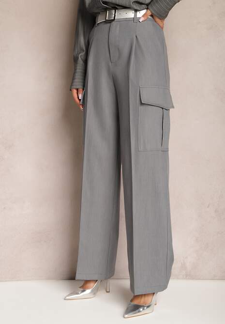 Ciemnoszare Szerokie Spodnie High Waist w Eleganckim Stylu z Kieszeniami Cargo Dekanna