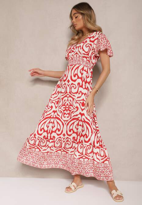 Czerwona Rozkloszowana Sukienka Zdobiona Ornamentalnym Printem Tillinelle