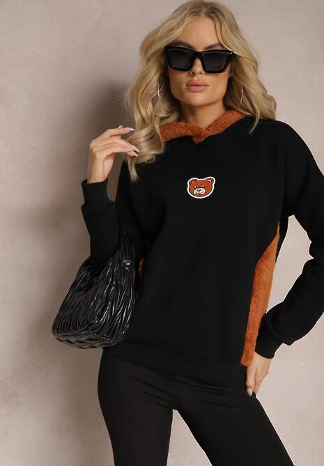 Czarna Bluza z Bawełny z Ozdobną Naszywką z Misiem i Polarowym Kapturem Hecatia