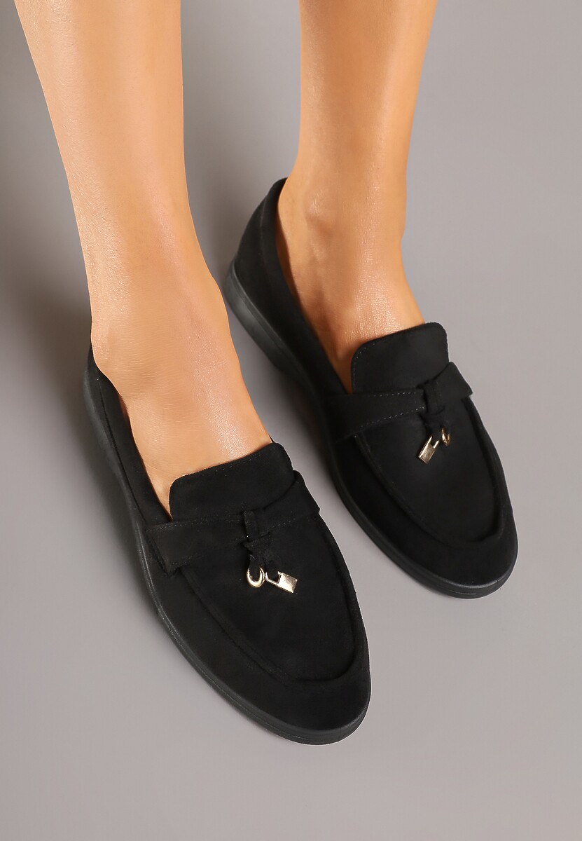 Czarne Mokasyny z Ekozamszu Zdobione Boho Aplikacją Sepiraella