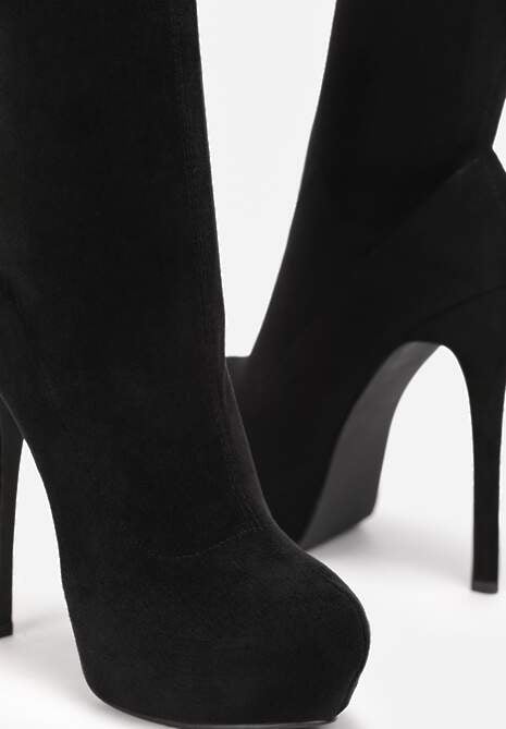 Czarne Dopasowane Kozaki na Szpilce z Platformą za Kolano Cebasik