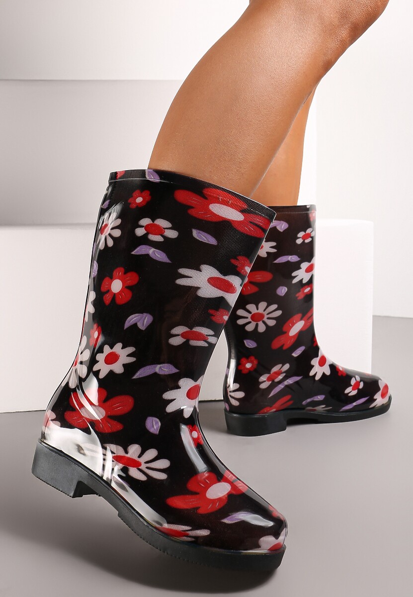 Czarno-Białe Gumowe Kalosze w Kwiaty Paviala