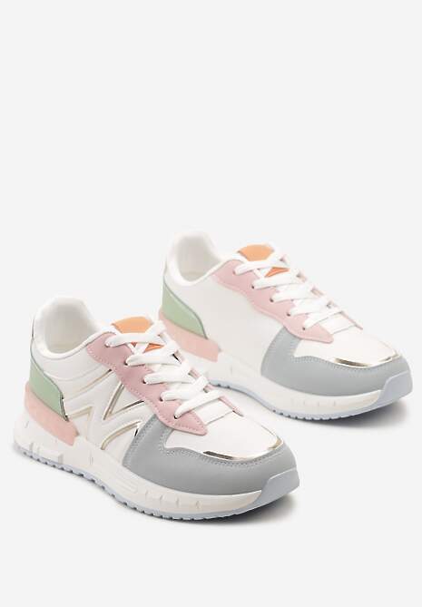 Biało-Niebieskie Płaskie Sneakersy ze Sznurowaniem z Metalicznymi Wstawkami Remarie