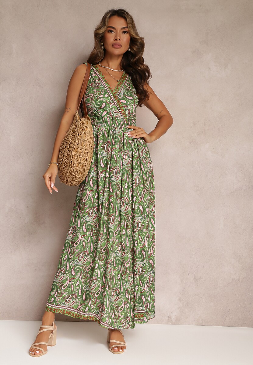 Zielona Wiskozowa Sukienka Paisley Maxi z Głębokim Dekoltem Shinne