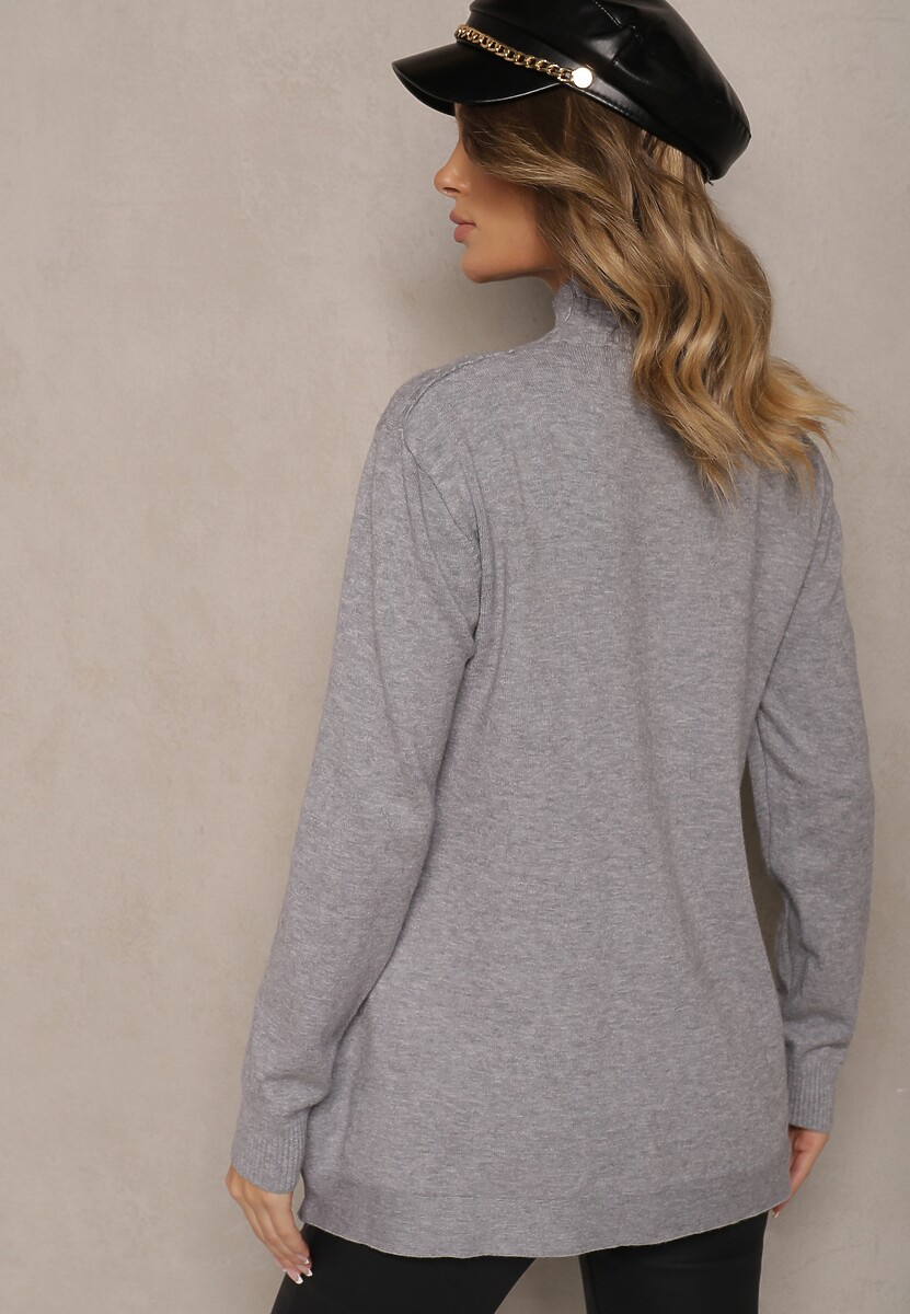 Szary Sweter Półgolf z Bawełną i Kieszenią z Przodu Emittes