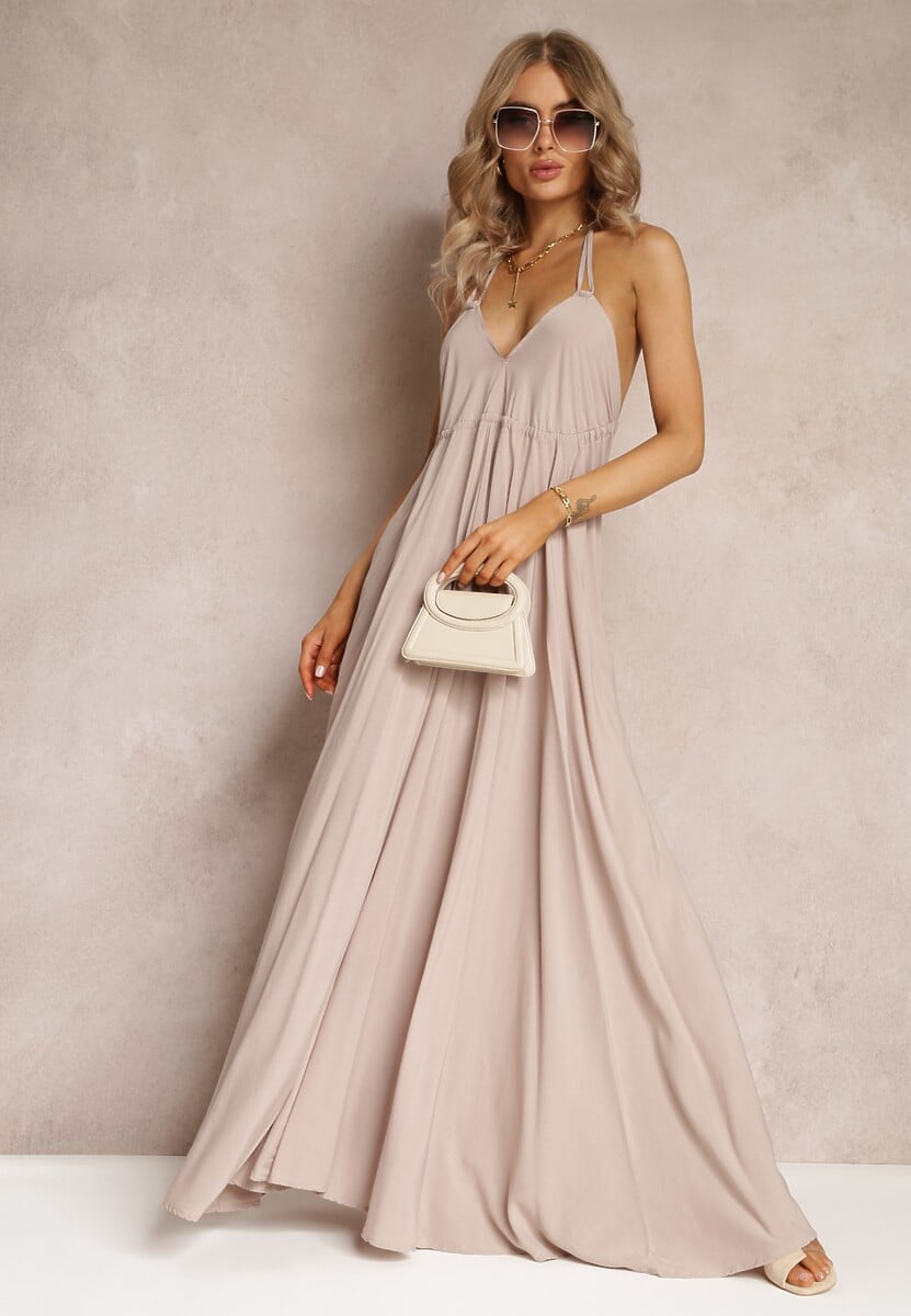 Ciemnobeżowa Rozkloszowana Sukienka Bawełniana z Wiązaniem na Szyi Panethea