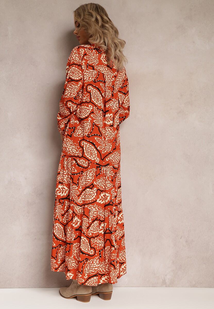 Pomarańczowa Sukienka Koszulowa w Kwiaty Kolni