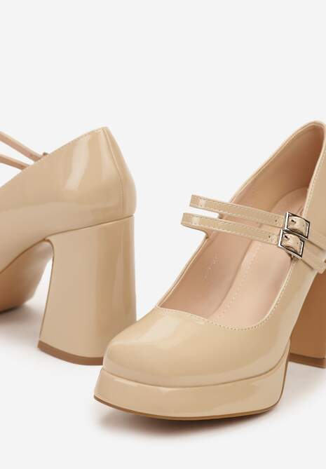 Beżowe Czółenka na Obcasie z Lakierowanym Połyskiem Zdobione Paskami ze Sprzączkami Viathena